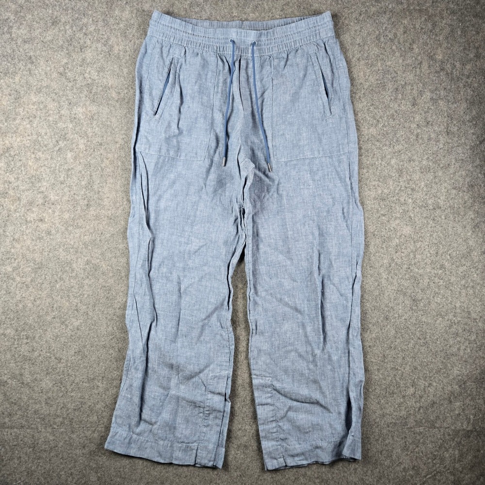 Athleta Linen Wide Leg Pants Womens 10P Blue Drawstring Beach Summer Relaxed